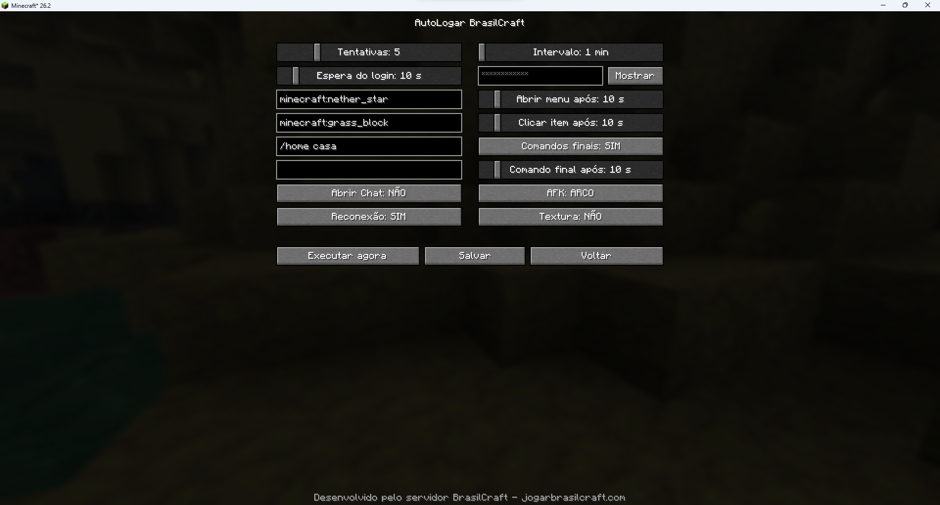 Tela de configurações do AutoLogar BrasilCraft